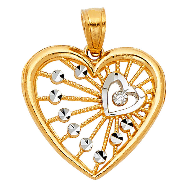 14K Two-Tone Gold Filigree Heart with CZ Center Pendant