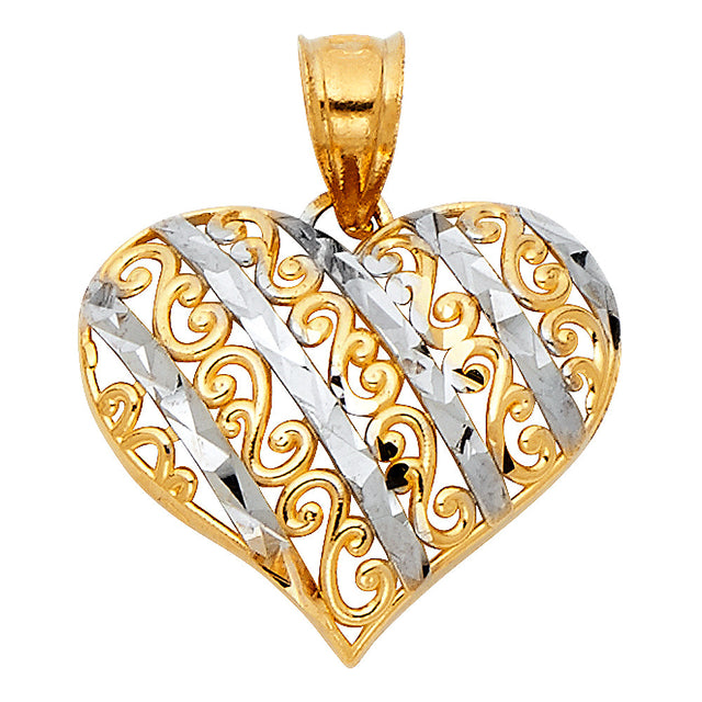 14K Two-Tone Gold Filigree Swirl Puff Heart Pendant