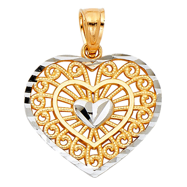 14K Two-Tone Gold Filigree Heart with Center Heart Pendant