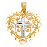 14K Two-Tone Gold Filigree Heart with Center Cross Pendant