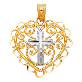 14K Two-Tone Gold Filigree Heart with Center Cross Pendant