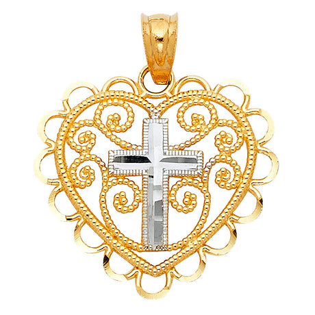 14K Two-Tone Gold Filigree Heart with Center Cross Pendant