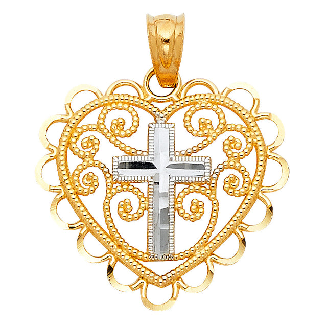 14K Two-Tone Gold Filigree Heart with Center Cross Pendant