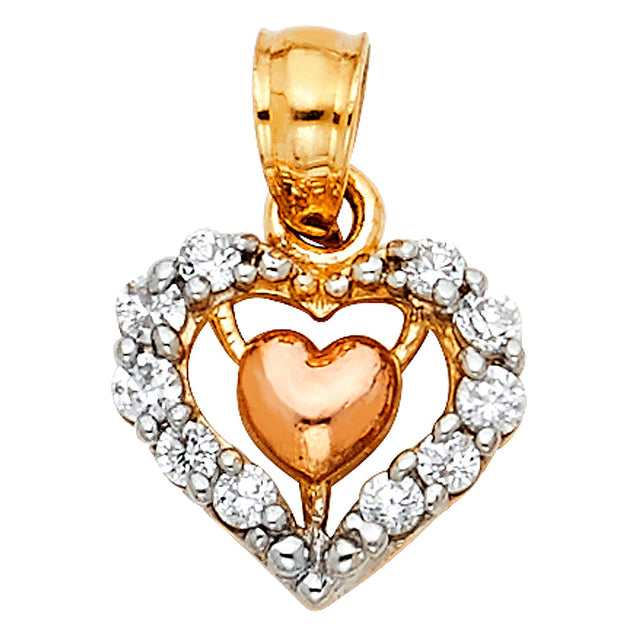 14K Tricolor Gold Heart with Rose-Gold Center Heart and CZ Halo Pendant