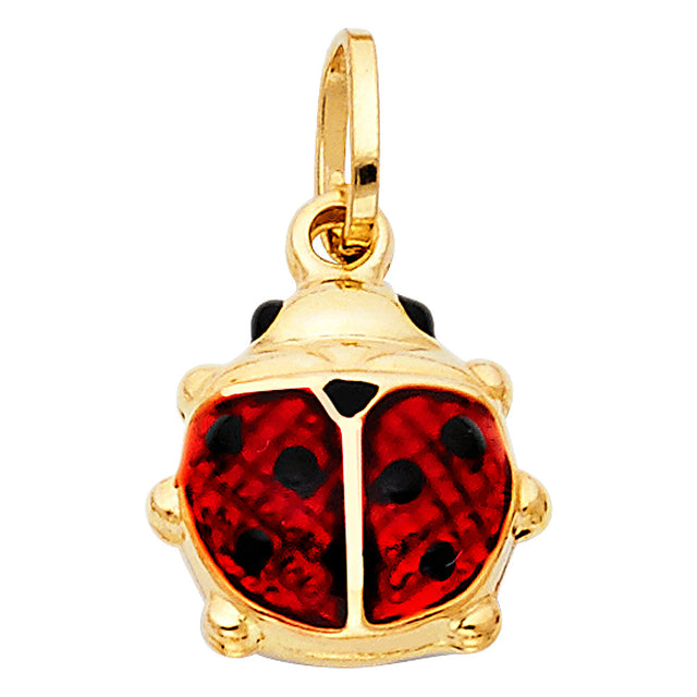 14K Yellow Gold Large Hollow Enamel Ladybug Pendant on White Background