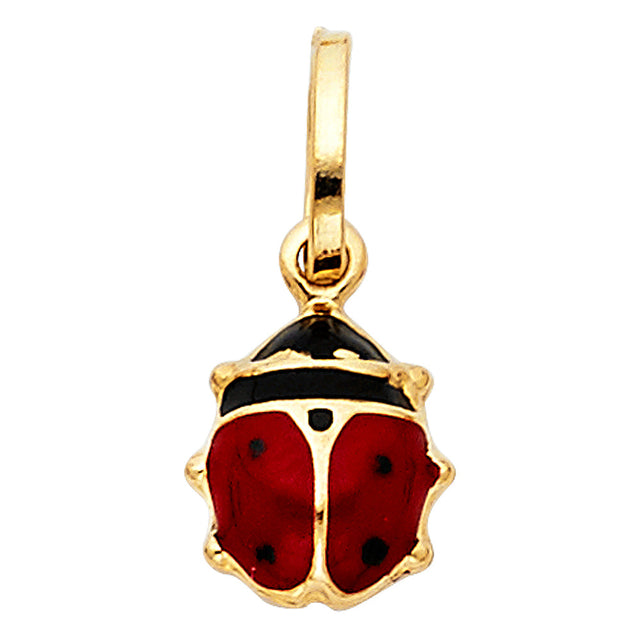 14K Yellow Gold Small Hollow Enamel Ladybug Pendant on White Background