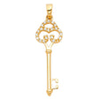 14K Yellow Gold Ornate Filigree Key Pendant on White Background
