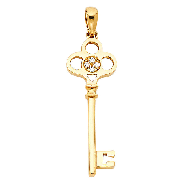 14K Yellow Gold Quatrefoil Key Pendant on White Background