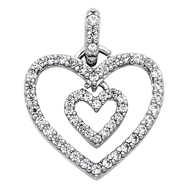 14K White Gold CZ Double Open Heart Pendant