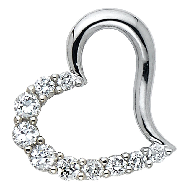 14K White Gold CZ Half-Pave Sideways Heart Pendant
