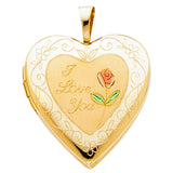 14K Yellow Gold I Love You Enamel Heart Locket Pendant on White Background
