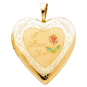 14K Yellow Gold I Love You Enamel Heart Locket Pendant on White Background