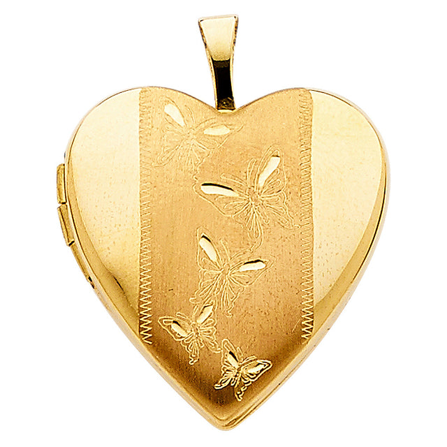 14K Yellow Gold Diamond-Cut Heart Locket Pendant on White Background