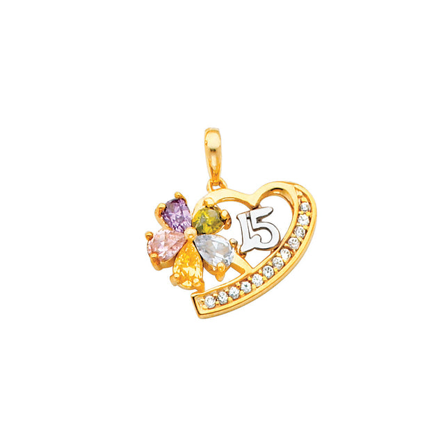 14K Two-Tone Gold CZ 15 Yrs Heart Pendant