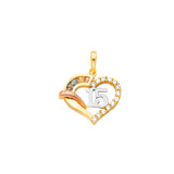 14K Tricolor Gold CZ 15 Yrs Heart Pendant