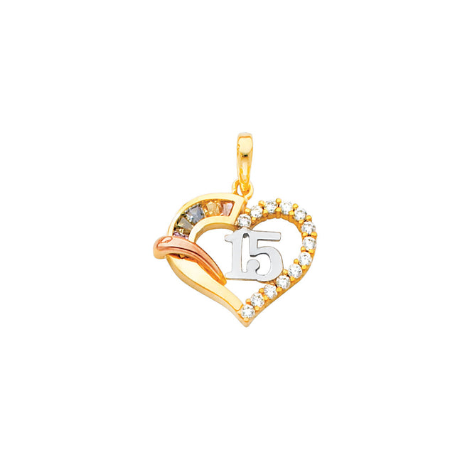 14K Tricolor Gold CZ 15 Yrs Heart Pendant
