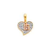 14K Tricolor Gold CZ 15 Yrs Heart Pendant