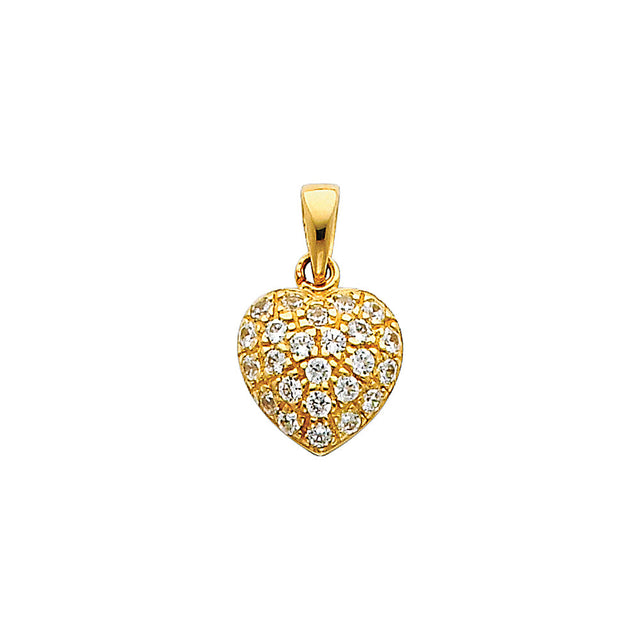 14K Gold CZ Pave Puff Heart Pendant