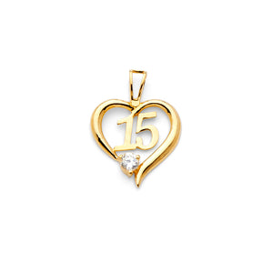 14K Yellow Gold CZ 15 Yrs Heart Pendant