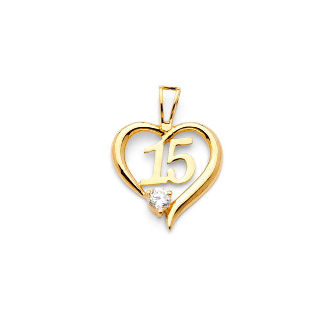 14K Yellow Gold CZ 15 Yrs Heart Pendant
