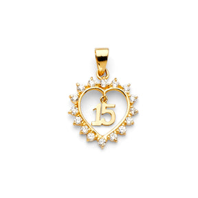 14K Yellow Gold CZ 15 Yrs Heart Pendant