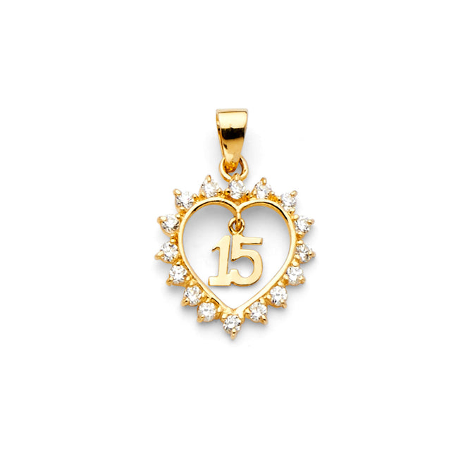 14K Yellow Gold CZ 15 Yrs Heart Pendant