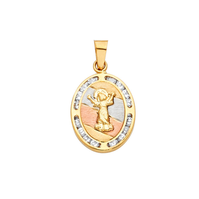 14K Tricolor Gold CZ Religious Pendant
