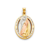 14K Tricolor Gold Our Lady of Guadalupe Oval Medal Pendant on white background - Italian Fashions