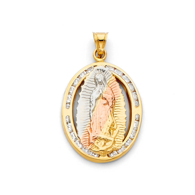 14K Tricolor Gold Our Lady of Guadalupe Oval Medal Pendant on white background - Italian Fashions