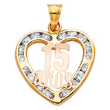14K Two-Tone Gold Quinceanera '15 Anos' Heart Pendant on white background - Italian Fashions