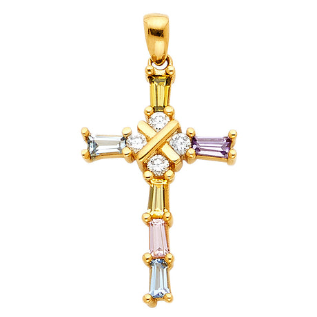 14K Yellow Gold Multicolor Baguette Cross Pendant on white background - Italian Fashions