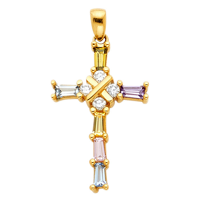 14K Yellow Gold Multicolor Baguette Cross Pendant on white background - Italian Fashions