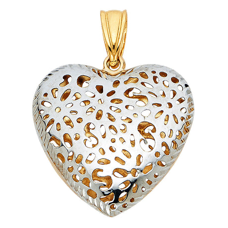 14K Two-Tone Gold Flower Cut-Out Puff Heart Pendant