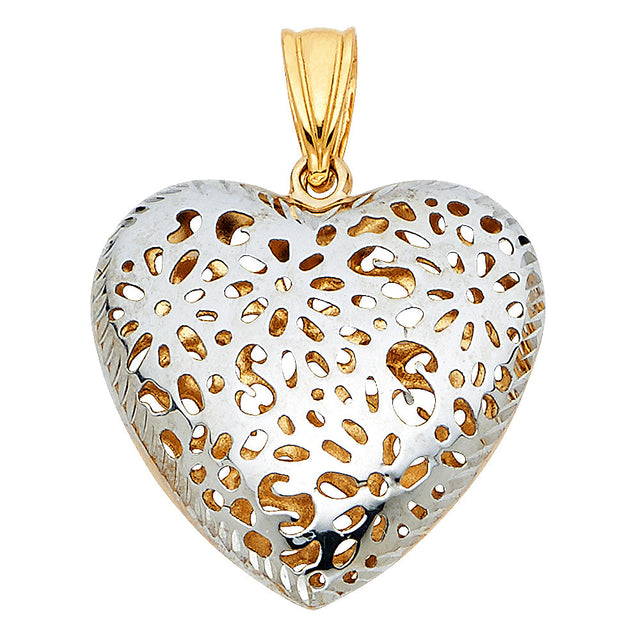 14K Two-Tone Gold Flower Cut-Out Puff Heart Pendant