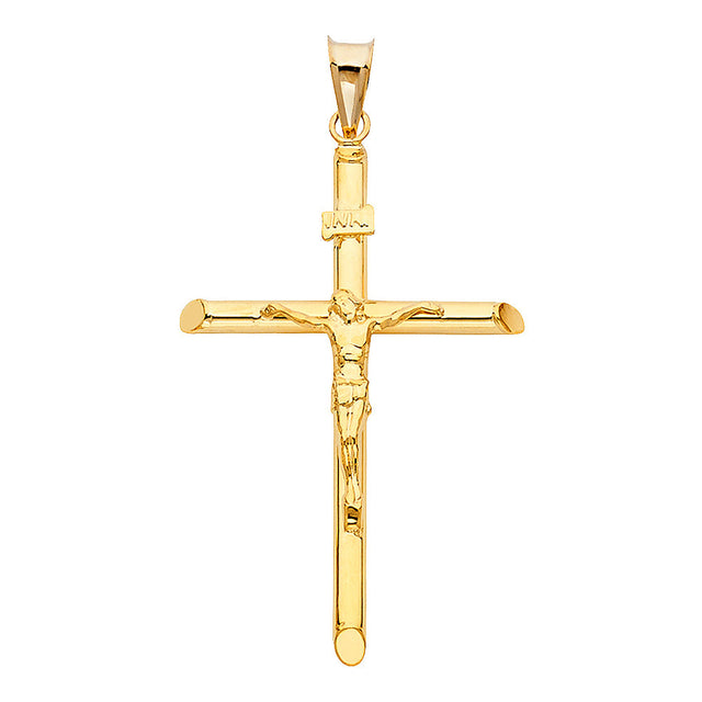 14K Yellow Gold Round Tube Crucifix Pendant, medium — Italian Fashions