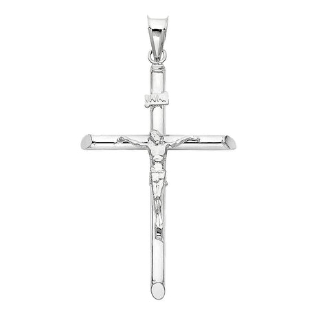 14K White Gold Round Tube Crucifix Pendant, large — Italian Fashions