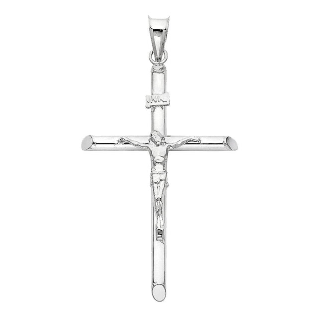 14K White Gold Round Tube Crucifix Pendant, large — Italian Fashions