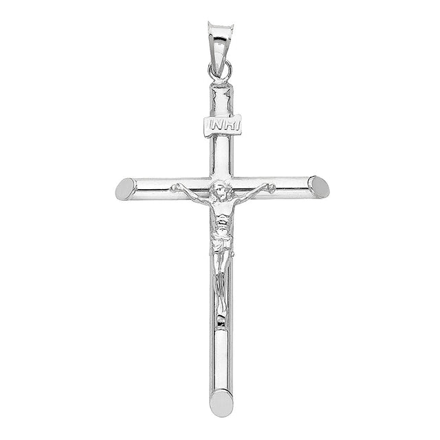 14K White Gold Round Tube Crucifix Pendant, extra large — Italian Fashions