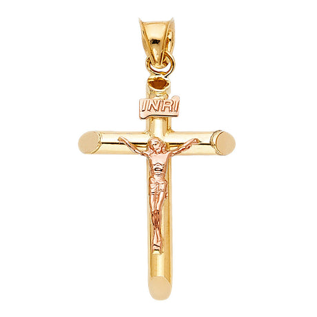 14K Two-Tone Gold Round Tube Crucifix Pendant, extra small — Italian Fashions