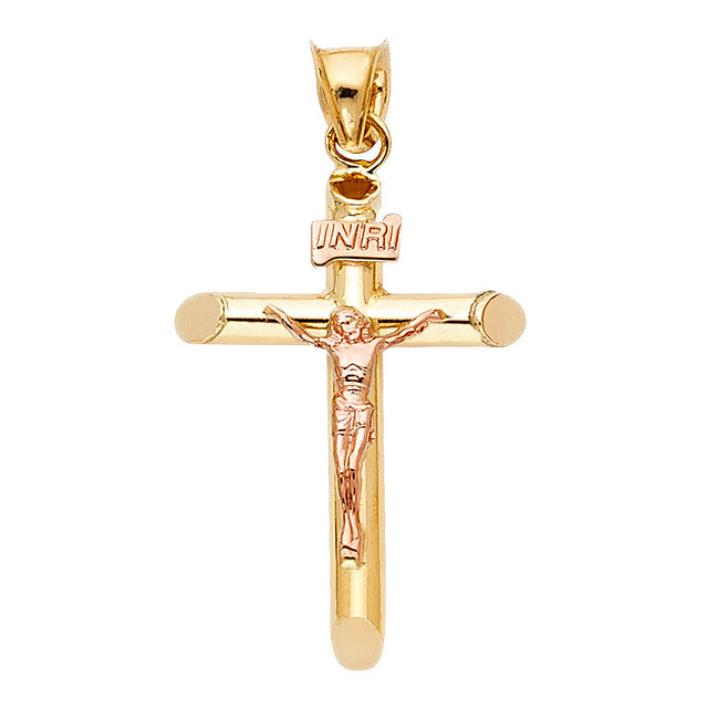 14K Two-Tone Gold Round Tube Crucifix Pendant, extra small — Italian Fashions