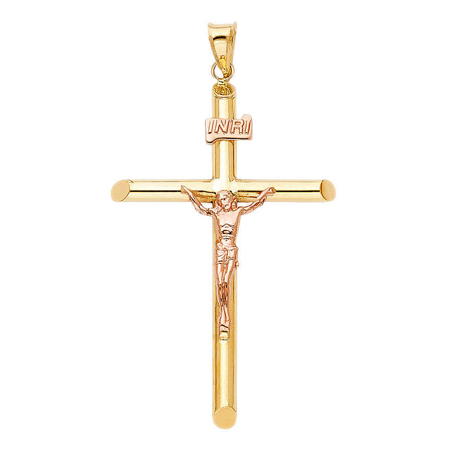 14K Two-Tone Gold Round Tube Crucifix Pendant, small — Italian Fashions