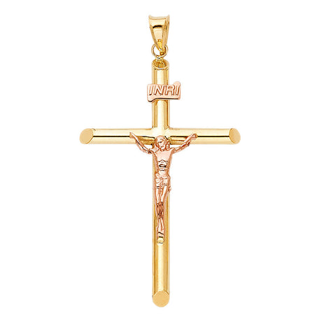 14K Two-Tone Gold Round Tube Crucifix Pendant, medium — Italian Fashions