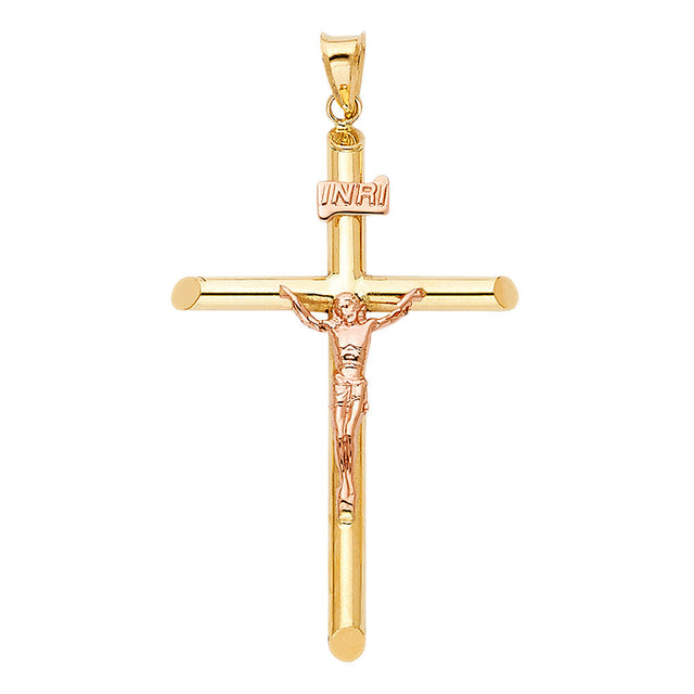 14K Two-Tone Gold Round Tube Crucifix Pendant, medium — Italian Fashions
