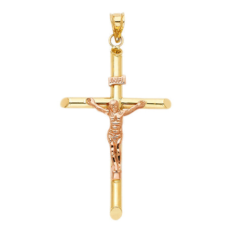 14K Two-Tone Gold Round Tube Crucifix Pendant, extra large — Italian Fashions