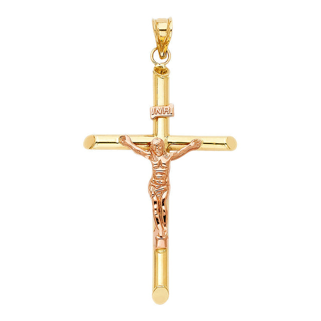 14K Two-Tone Gold Round Tube Crucifix Pendant, extra large — Italian Fashions