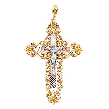 14K Tricolor Gold Filigree Crucifix Pendant on white background - Italian Fashions