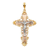 14K Tricolor Gold Ornate Scroll Crucifix Pendant