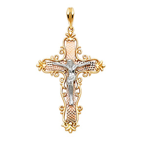 14K Tricolor Gold Ornate Scroll Crucifix Pendant