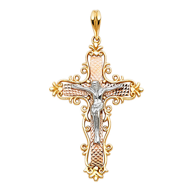 14K Tricolor Gold Ornate Scroll Crucifix Pendant