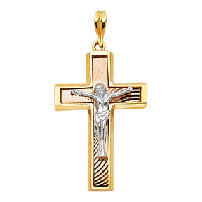 14K Tricolor Gold Rectangular Lattice Crucifix Pendant